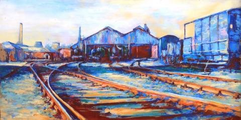 Painting of railway tracks leading into a station yard at Didcot