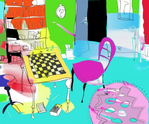 Jim Vincent print, room interior with chess table and chairs depicted in vibrant colours