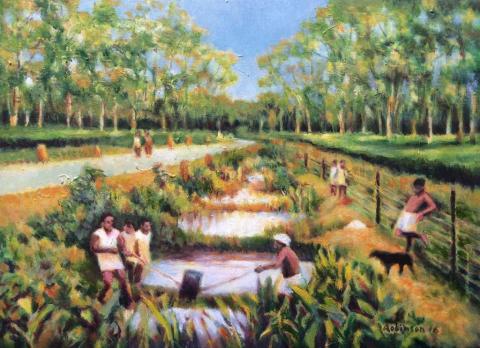 Fishing in the Nullah oil on canvas