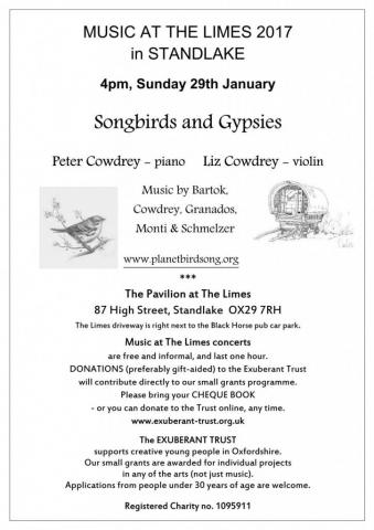 Songbirds and Gypsies - Piano & Violin Recital - The Limes, 29th January, 4pm