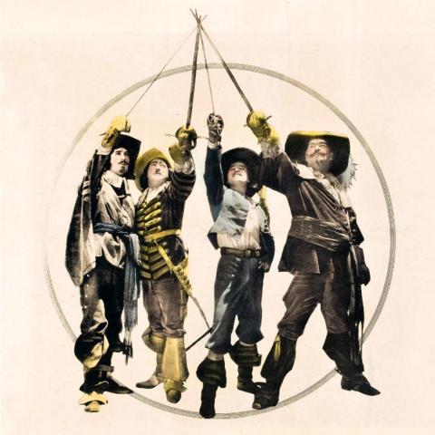 The three musketeers and D'Artagnan raise swords together 