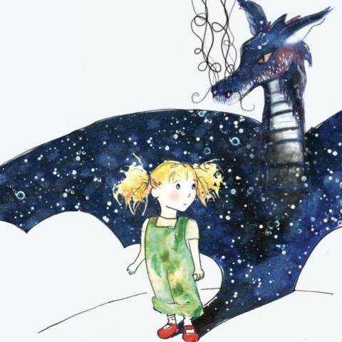 Little girl in green dungarees stands looking at a midnight coloured dragon behind her 