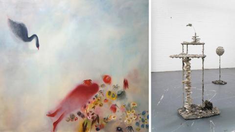  Left: Diane Chappalley, I cannot carry this body with me, it is too heavy, 2021, oil on flax, 170 x 220 cm Right: Anna Reading, Feeding Frenzy (part 3), 2020, Concrete, shells, sand, bitumen, wire, chip forks, gloves, board, metal, 128 x 70 x 45 cm