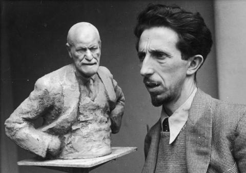 Sculptor Oscar Nemon with Maquette of Sigmund Freud 