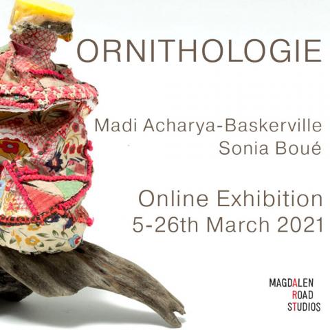 Exhibition flyer, Ornithologie, birds, found objects, drift wood, plastic, litter, fabric