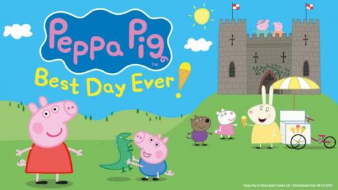 A cartoon image of Peppa Pig and George stood in front of a castle. Mummy Rabbit hands out ice creams in the background