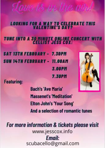 Celebrate this Valentine's Day with live music - cello performance livestreamed via zoom to you and your loved ones in the comfort of your own home.