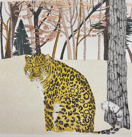 Silkscreen image of a leopard by the artist Clare Halifax