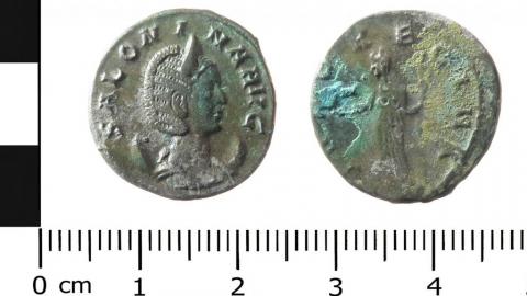 View of two faces of same coin. On the left vertical is a black and white block scale, on the bottom horizontal is a centimetre scale. Left view of coin is profile of persons head with distinctive hair and crown. Words around top, left and right edge. Right hand view is a figure with letters around edge.