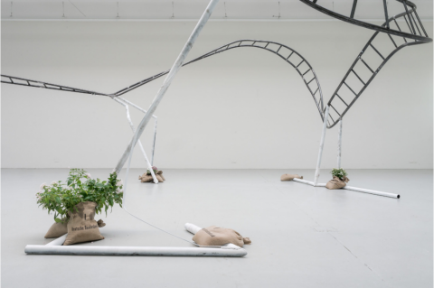 An art installation made up of a curved metal ladder or track suspended in the air by white metal poles fixed to the ground. There are hessian sacks placed on these poles on the floor, and some have flowering plants growing out of them.