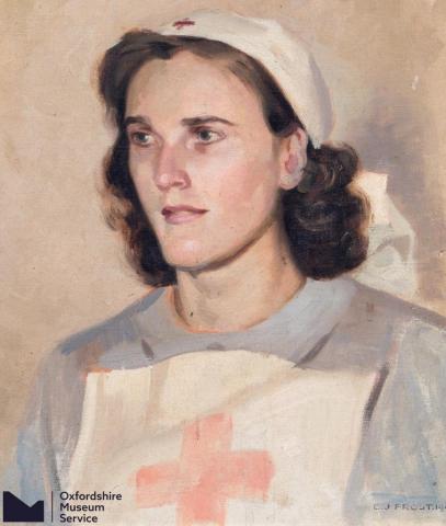 Painted portrait. Head and torso of dark haired woman. Blue dress with white apron that has a red cross. She wears a white head scarf.