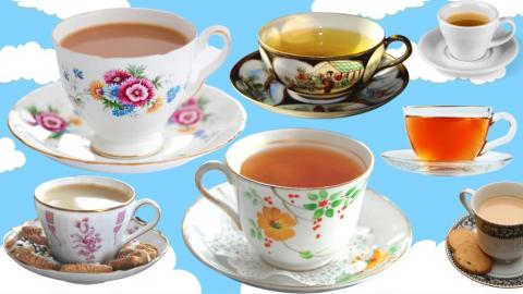 Against a light background with scattered white clouds are 7 assorted cups of tea, including a glass cup and saucer, white cup and saucer and floral decorated cups and saucers