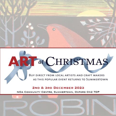 Art at Christmas banner with an artist print of a robin in the background