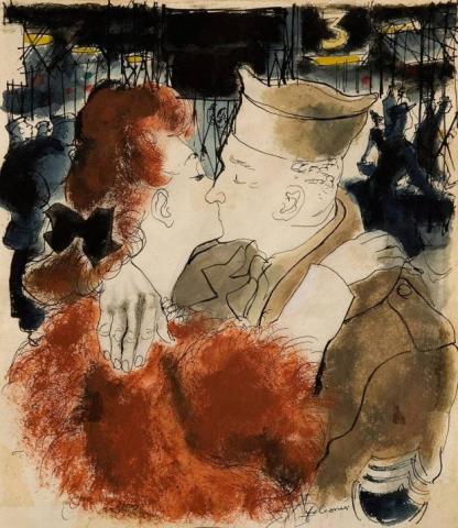Pearl Falconer, A Fond Farewell. Watercolour painting of a woman kissing a man in a military uniform against a dark background