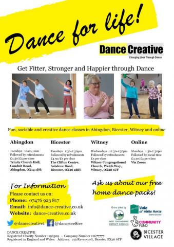 Image has text details of dance classes and photos of older people dancing