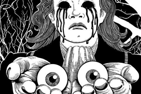 Black and white cartoon image of a man holding his eyeballs in front of him
