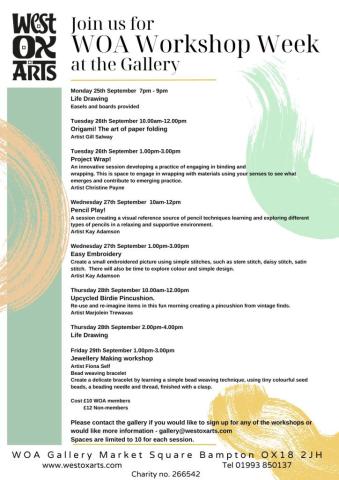 Workshop schedule for West Ox Arts - Workshop week 