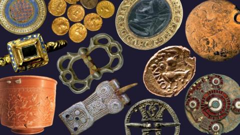 Landscape image, dark blue background. Eleven sets of finds, such as a samian ware ceramic pot, gold coins and shoe buckles.