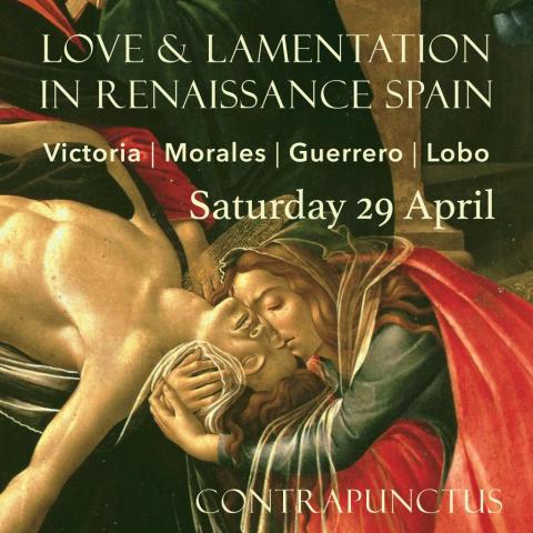 Picture of Virgin Mary cradling Christ's head after the Crucifixion. Text: Love and Lamentation in Renaissance Spain. Victoria, Moraes, Guerrero, Lobo.