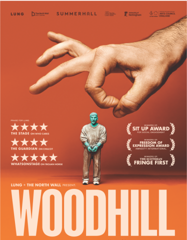 The poster for "Woodhill" in which a doll of a man in prison uniform is about to be flicked by a giant hand
