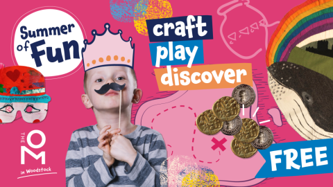 Oblong horizontal poster. Pink background with craft play discover, summer of fun, image of coins, paper mask and a boy holding a paper mask.