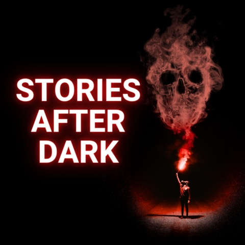 Black background with white text with a red glowing effect. The text reads 'Stories After Dark'. To the right of the text is an image of a person holding a red-flamed torch. Flames curl off of the torch in the shape of a skull.