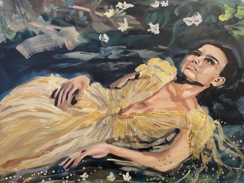 Veronica Wells painting, a woman with dark hair, reclines on a watery green background wearing a dramatic gold dress