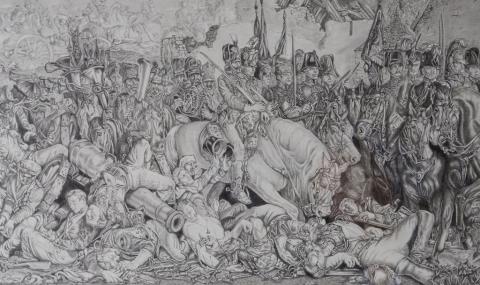Section of the Waterloo Cartoon by Shaun Maloney, a highly detailed black and white pencil sketch depciting a scene from the Battle of Waterloo. A dense crowd of soldiers, some on horseback, others on foot.
