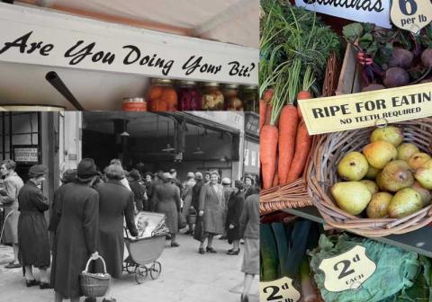 Collage of three images. A shop sign that reads 'Are you doing your bit' in a cursive font. A black and white photograph of women with pushchairs and baskets crowded outside a market. A shop display of fresh produce, including pears and carrots.