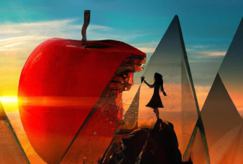 A girl stands silhouetted against a giant apple