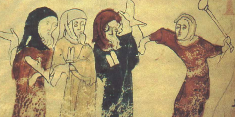 A medieval manuscript illustration showing three people in robes cowering before a person wielding a baton above their head.