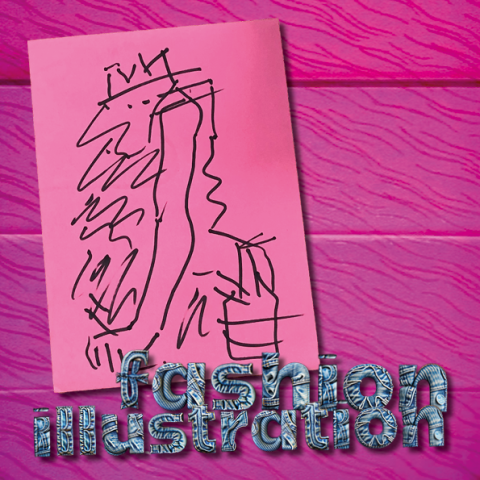 Demin fabric text reading 'fashion illustration'. Pink Background. Central drawing on paper of an abstract illustrated character wearing a crown
