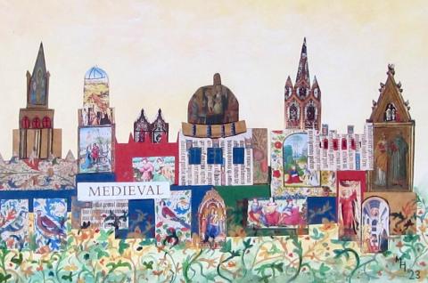 A colouful paper collage of the Oxford skyline spires