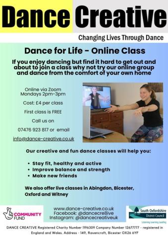 flyer advertising class with photo of dance tutor seated reaching forwards