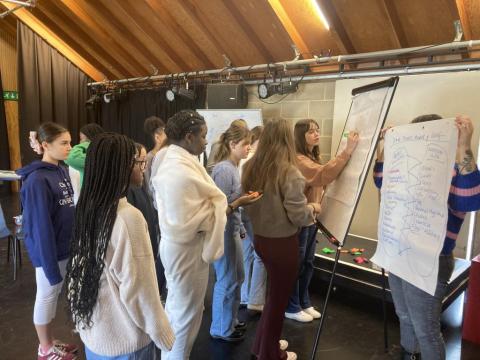 A group of young people brainstorming on large paper.