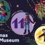 Horizontal advert. Bottom left 'Christmas at the Museum'. In a row top left to bottom right are three different coloured cirles, each overlain with a fabric figure for the 12th, 11th and 10th days of Christmas. 