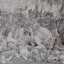 Section of the Waterloo Cartoon by Shaun Maloney, a highly detailed black and white pencil sketch depciting a scene from the Battle of Waterloo. A dense crowd of soldiers, some on horseback, others on foot.