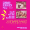 OVADA Summer Residency 2023 poster with details, calling artists, curators, writers, researchers. 2 images of the inside of OVADA warehouse